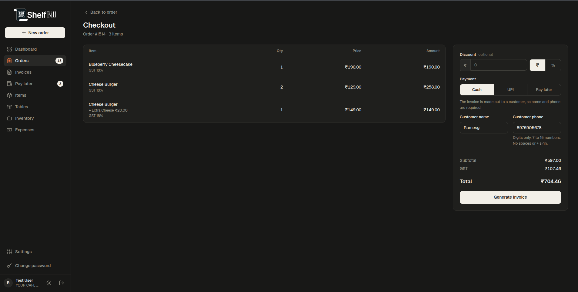 Checkout and invoices screen
