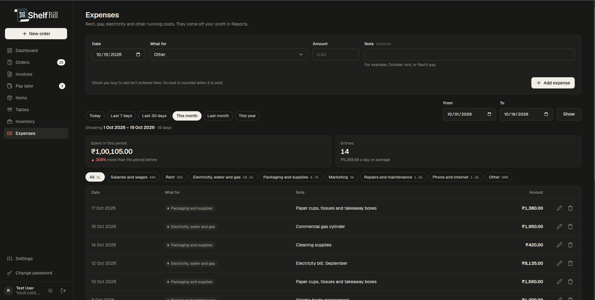 Expenses screen