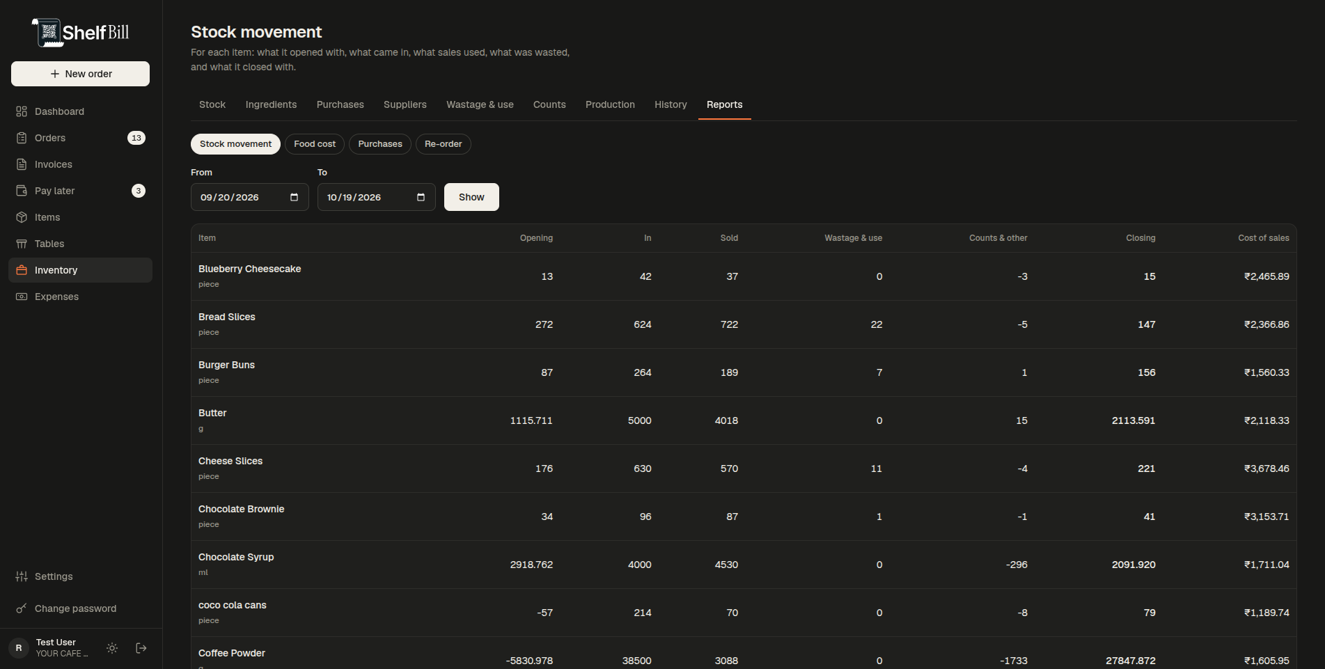 Reports and re-order screen