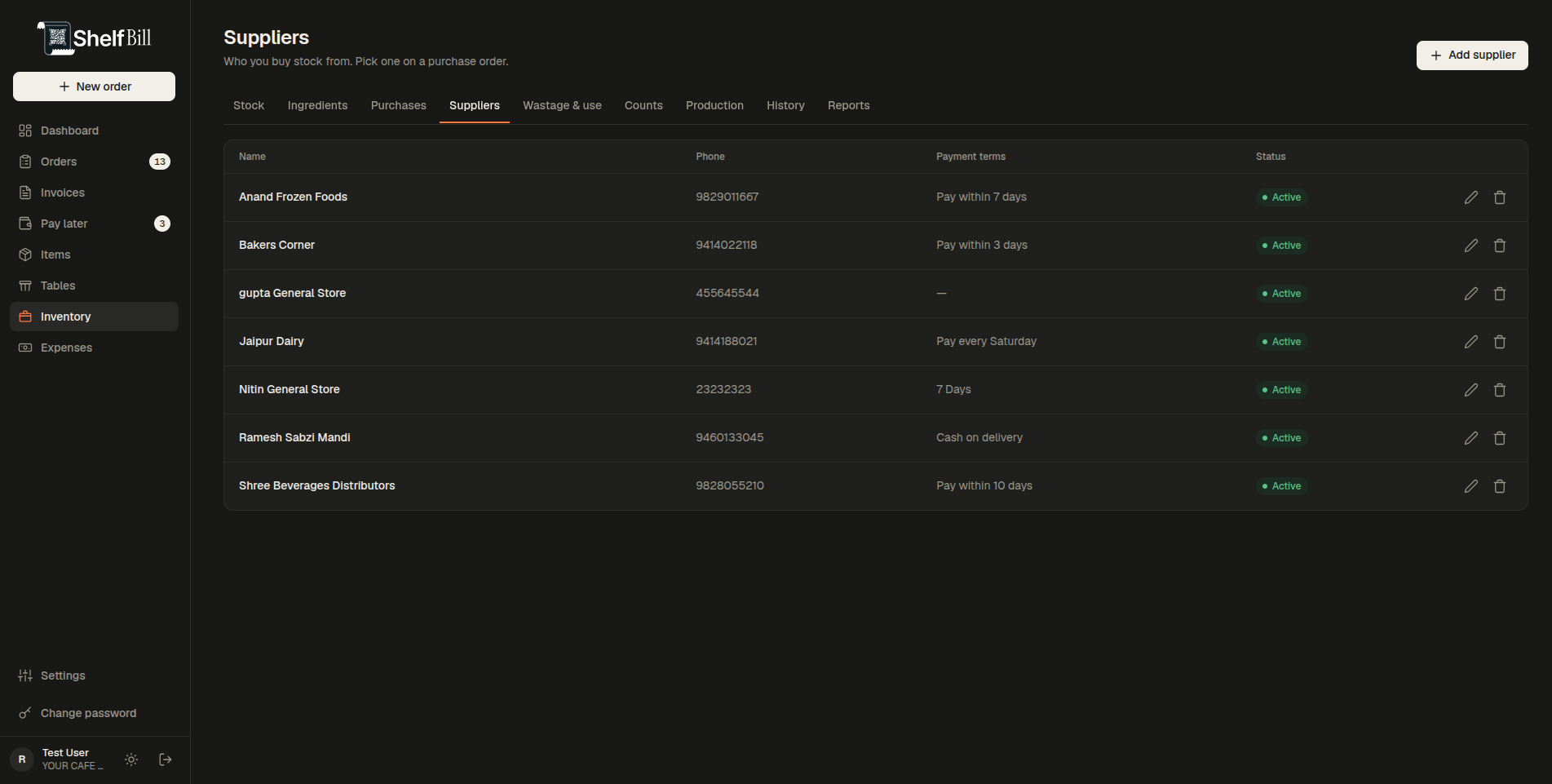 Suppliers screen