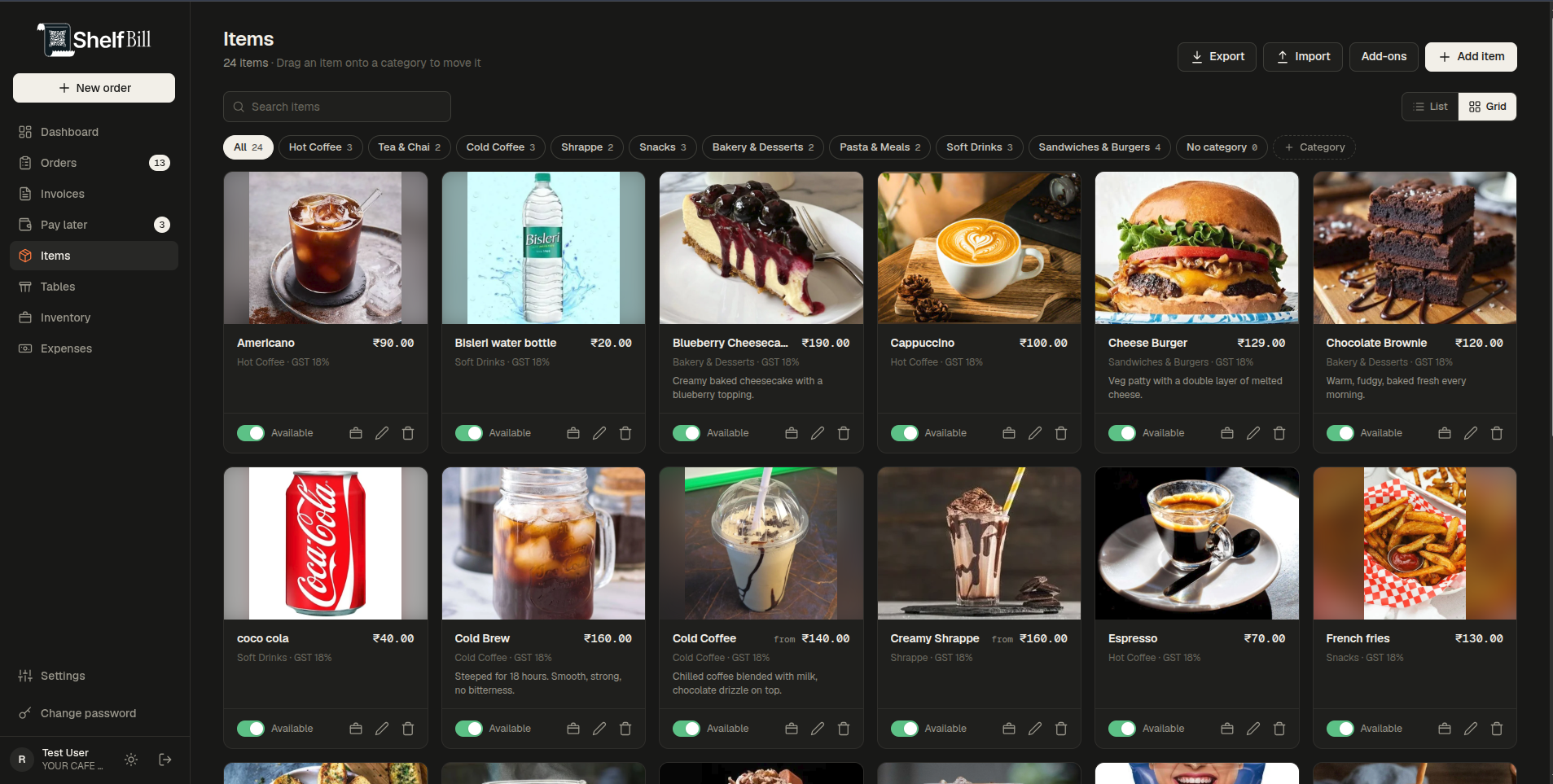 Items screen