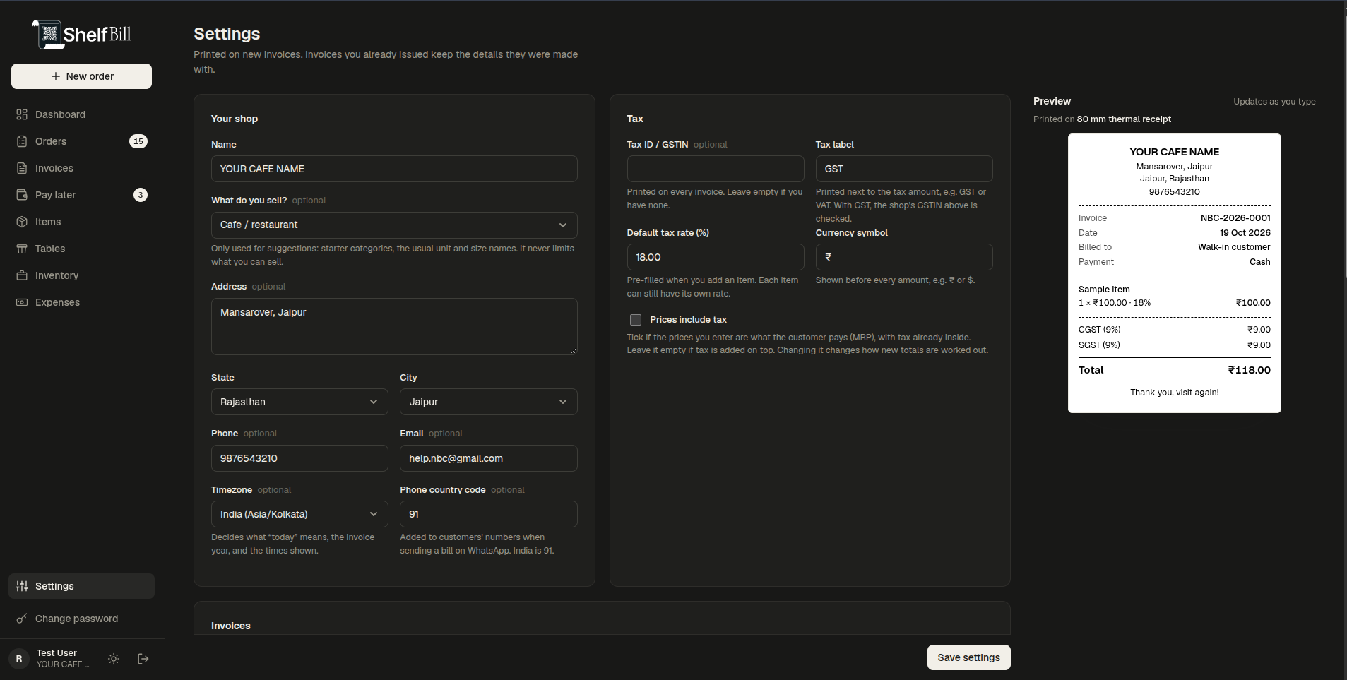 Settings screen