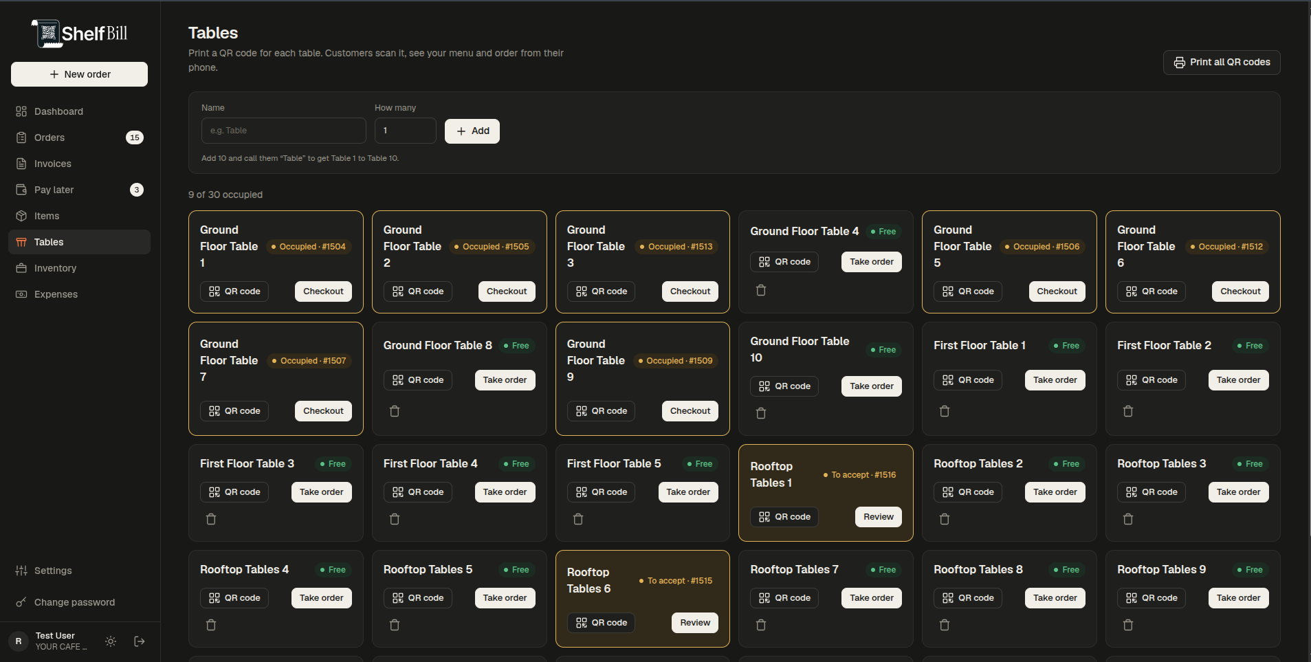 Tables and QR ordering screen