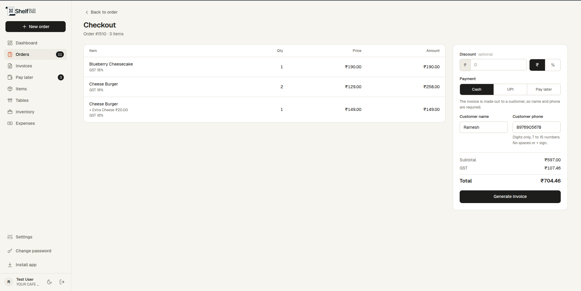 Checkout and invoices screen