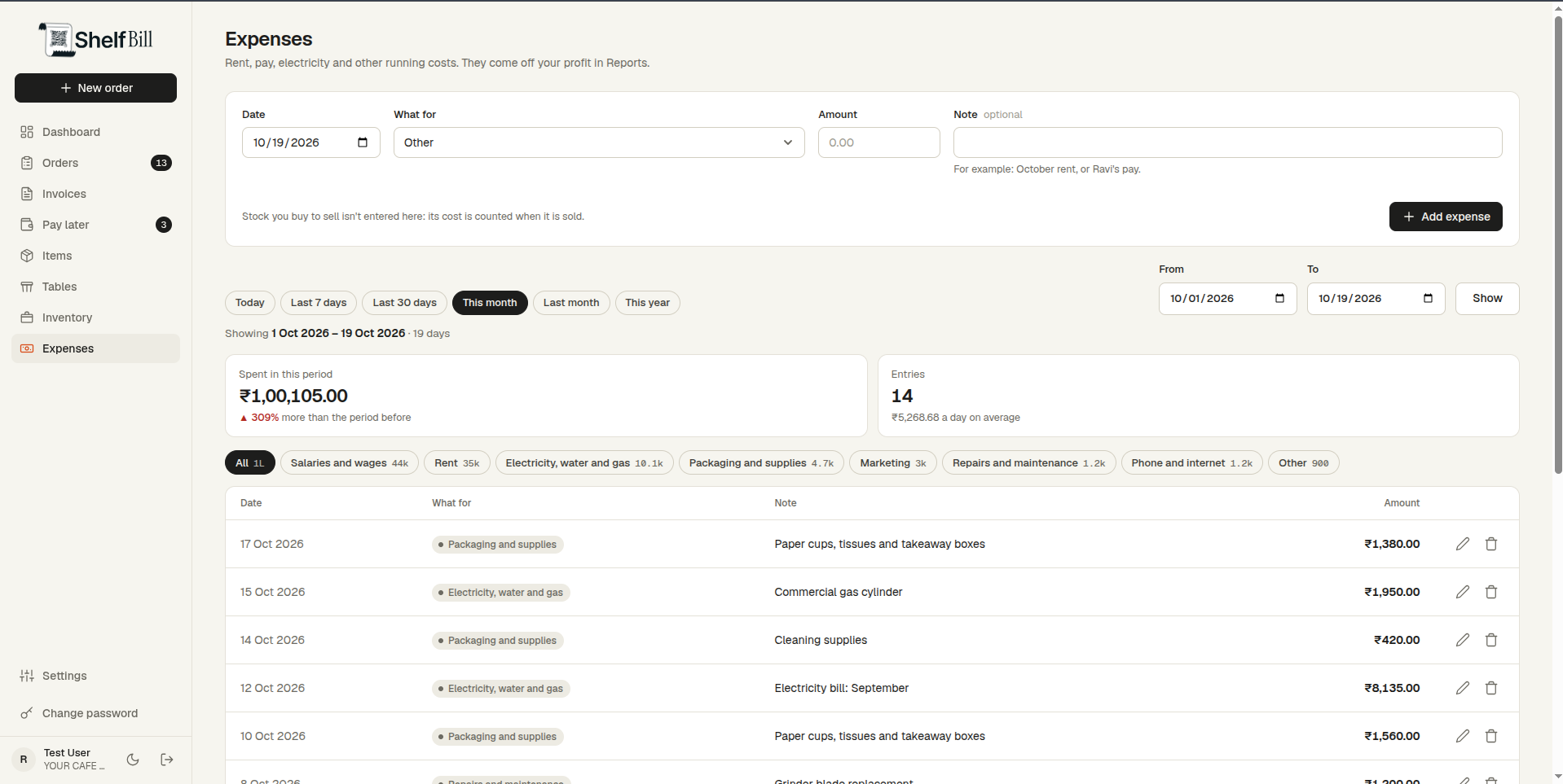 Expenses screen