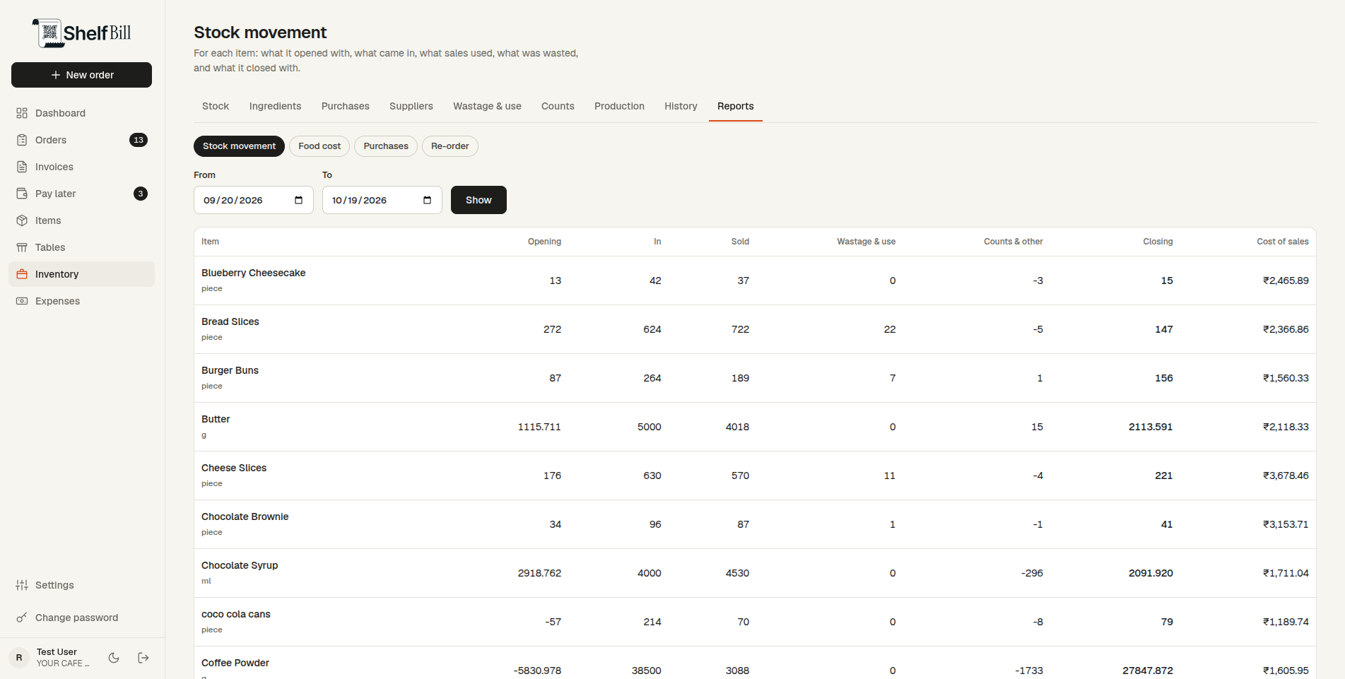 Reports and re-order screen