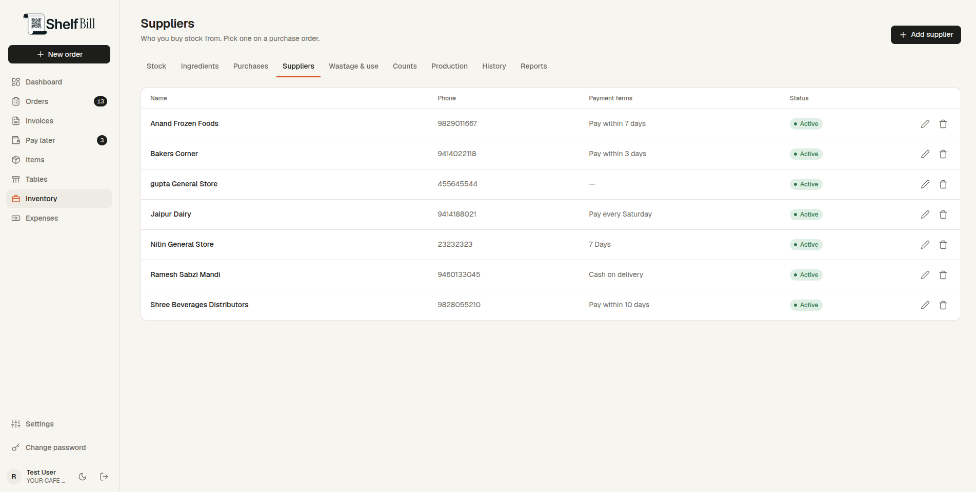 Suppliers screen