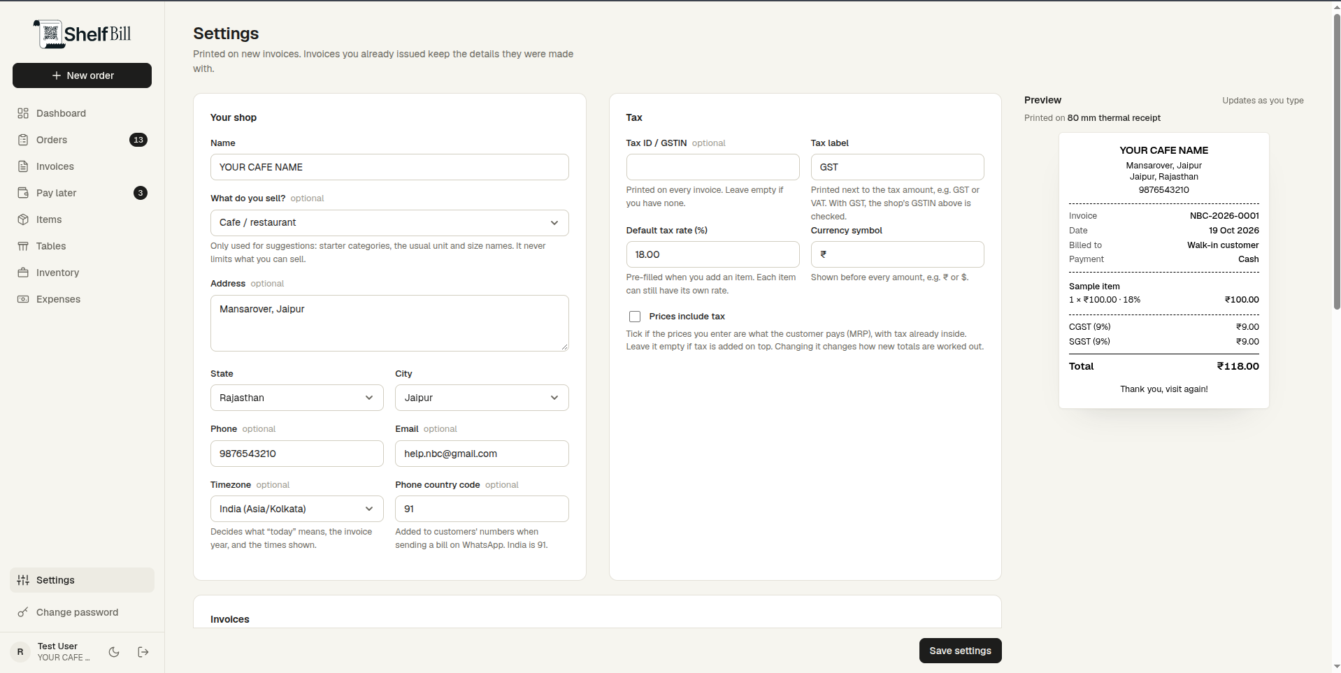 Settings screen