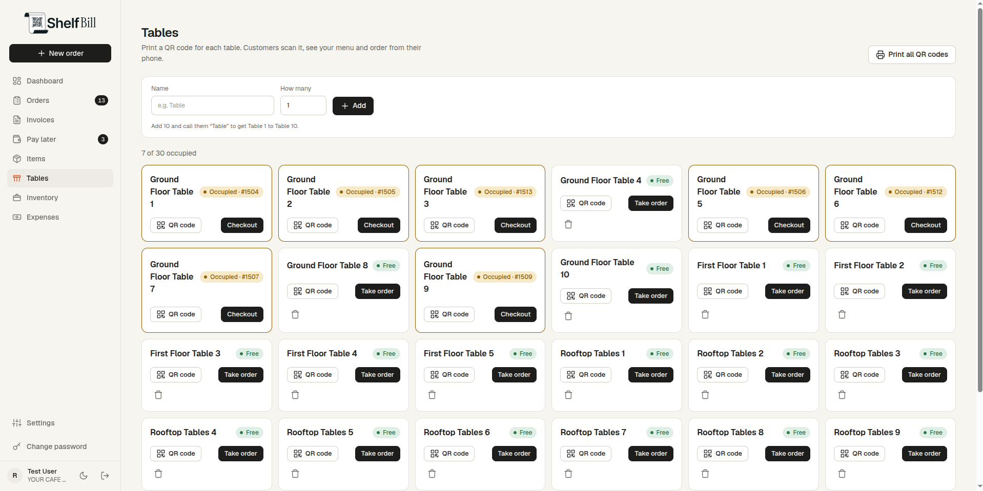 Tables and QR ordering screen